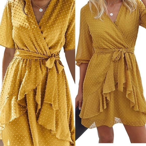 Yellow Polka Dot Swiss Dot Ruffle-Trim Tiered Pleated Wrap Dress Size Small - Picture 14 of 15